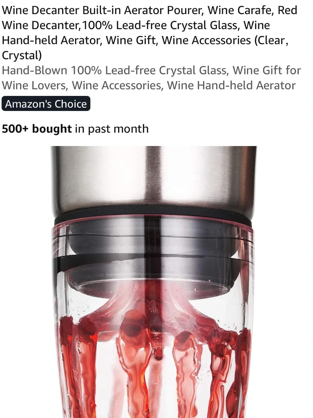 Red wine decanter with built-in aerator. hand blown crystal.